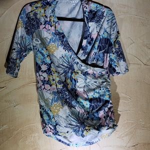 Cabi Floral Top Shirt Blouse Blue Large